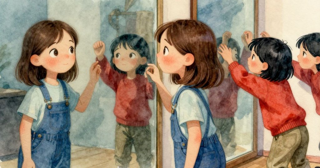 女孩從背後注視鏡中反射出的多重面容，眉宇間透露好奇，燈光柔和變換，呈現細膩清掃瞬間