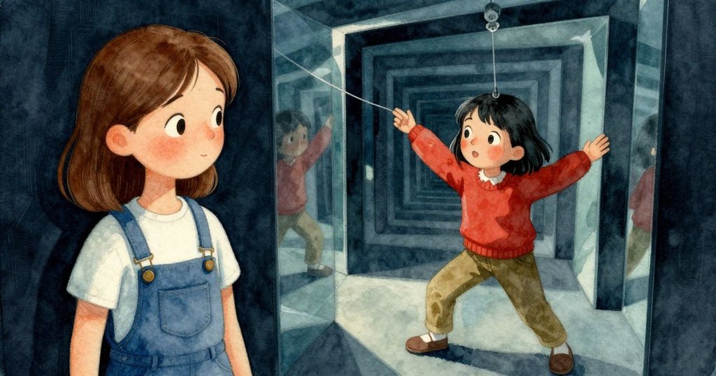 女孩充滿決心地前行，手持吸盤連接牆面，動作果斷且謹慎，背景顯示迷宮低調光影