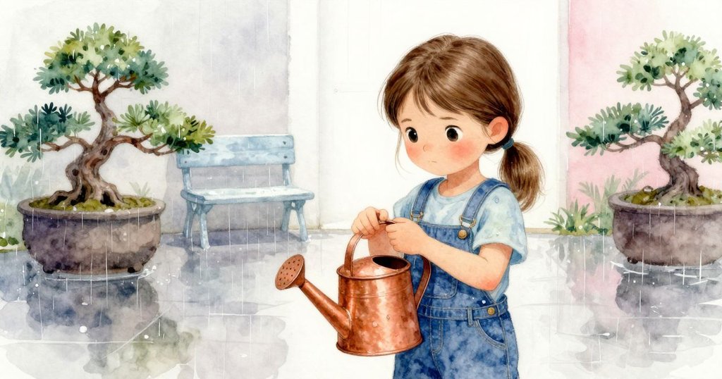 莉拉手持銅色澆水壺走向庭院盆栽桌，雨後濕潤環境中展現專注與期待情緒，畫面部分展現背景。