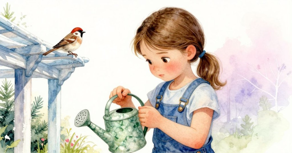 莉拉仔細檢查噴嘴，發現綠色彈珠與細小切割器對照並存，旁邊雀鳥在拱架上靜靜觀察探索。