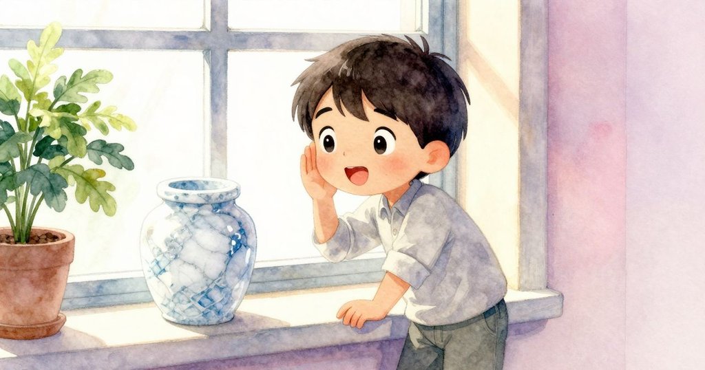 特羅在溫馨室內拱門下活潑喊話，窗台上珠寶罐閃耀著晨光，室內細節豐富呈現溫暖氣氛。