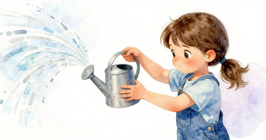 莉拉再次澆水時傾斜澆水壺，銀色水流輕舞軌跡，畫面動態展現細緻流動與堅定專注。