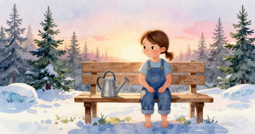 黃昏時分莉拉坐在柏木長凳旁，靜觀閃光工具與澆水壺，夕陽餘暉灑落庭院營造出平和完結氣氛。