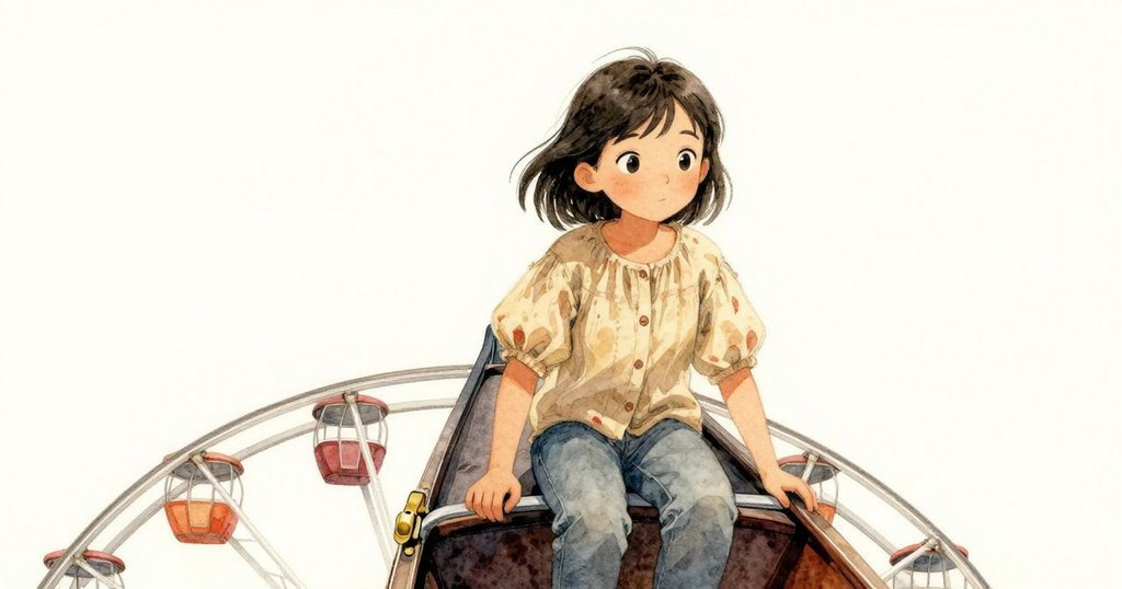 Cora在摩天輪艙內手搭欄杆，遠處燈光閃爍，呈現冒險與期待的初始情景