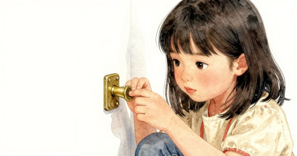 Cora凝視銅鎖，臉上流露出好奇與堅定，柔和光線映襯出她內心的微妙情感