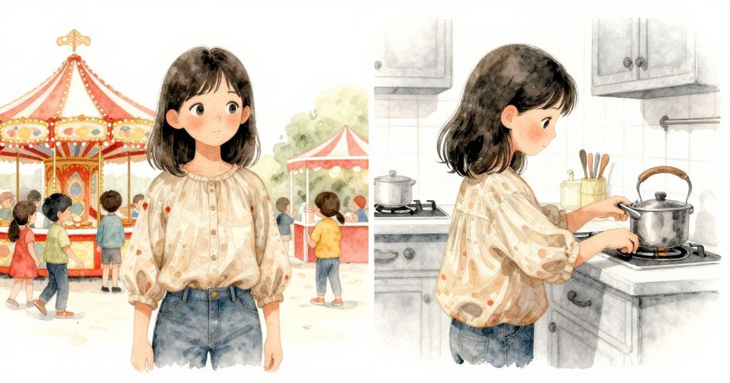 畫面分割，一側是繁華遊樂場，另一側呈現Cora在溫馨廚房中攪拌食材，雙重情境交織