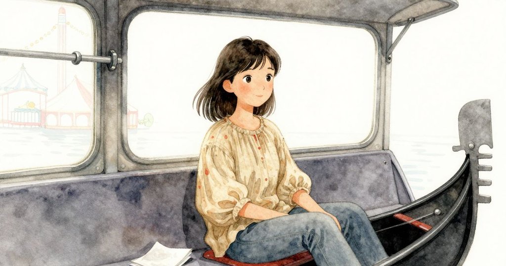 Cora靜坐於下降中的艙內，半開窗戶展露搖曳餐巾與擺動烤盤，暗示故事未完的溫柔延續