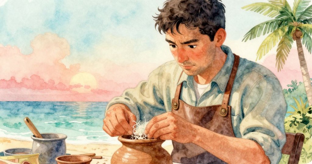 Noel專注操作纖維與陶罐, 特寫畫面展示精細手工動作, 留白空間突顯工藝細節與寧靜氛圍。