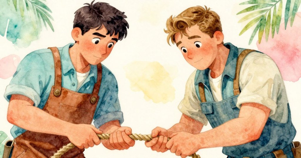 Noel與Henrik合力操作扭繩, 低角度捕捉專注與意外, 彩帶意外進入機構引起短暫驚訝。