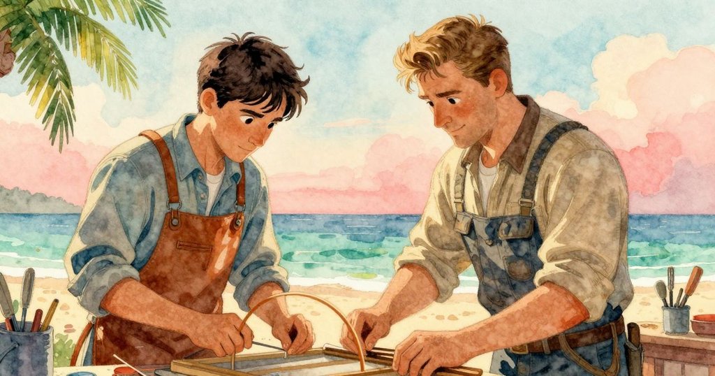 工坊漸入柔和光線, 繩索盤繞於地, Noel與Henrik持續作業, 營造平和寧靜且充滿專注的氛圍。