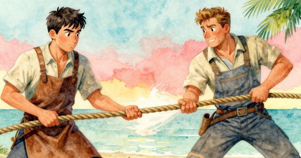 動態畫面中, Henrik穩住繩索, Noel迅速解開彩帶, 光影交錯呈現出協調與急速移動的瞬間。