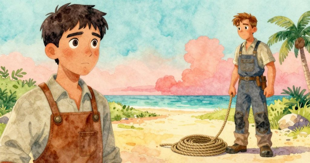 工坊中完成的繩圈靜臥地面, Noel與Henrik相視微笑, 背後展開開放通道, 溫柔光線預示新希望。