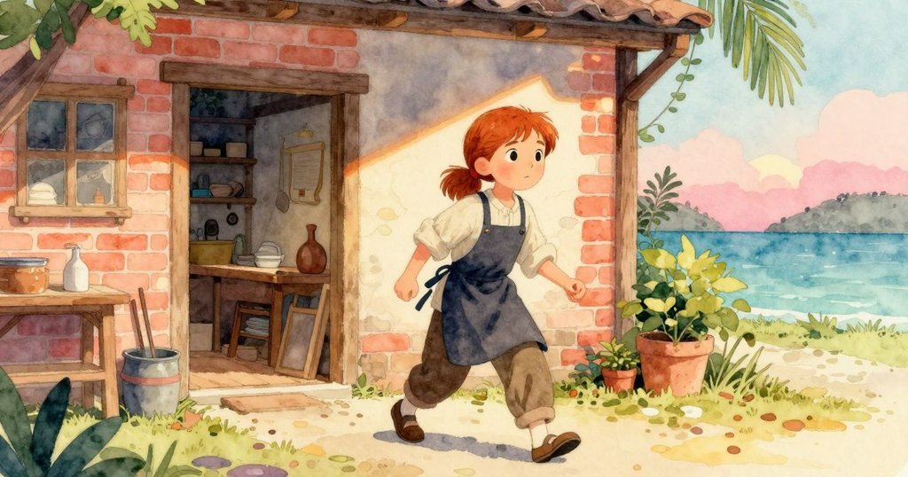 哈麗特在晨曦中走向溫暖工作坊，建築外牆被柔光映照，她滿懷期待踏入新一天。