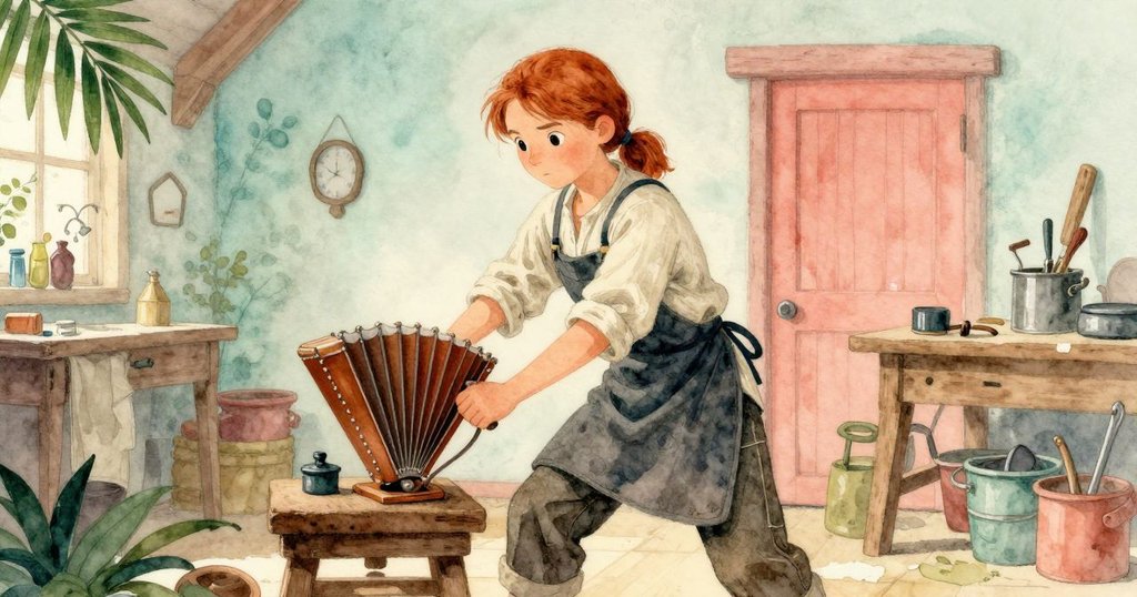 哈麗特在工坊內專心操作皮製風箱，畫面空間開闊，凸顯古老機械和節奏感。