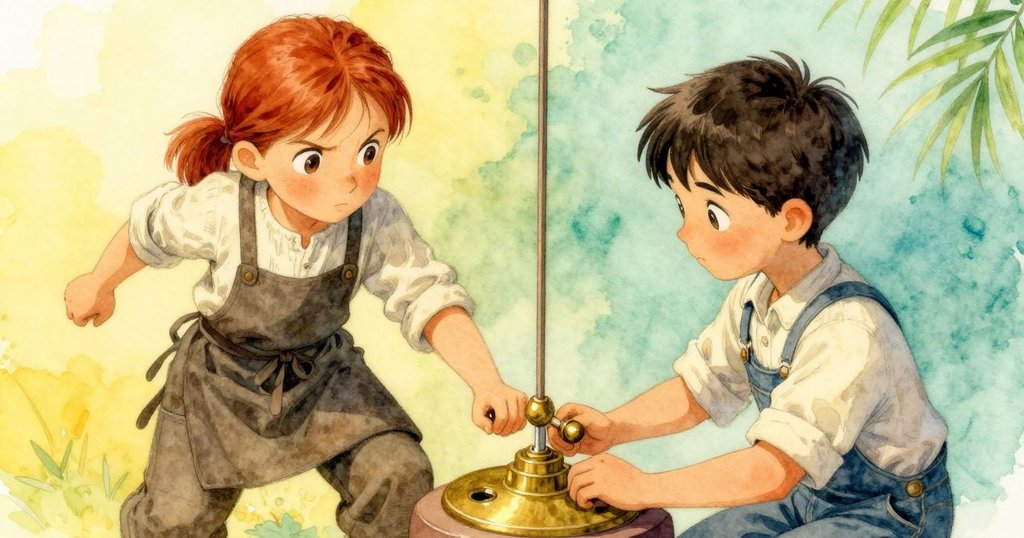 從俯視角度展現哈麗特細緻調整銅製配重，手部動作與金屬光澤細節一覽無遺。