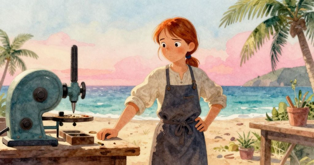 午後柔和光線中，哈麗特在機械旁沉思，回憶起舊日麵包店時光，場景呈現溫暖與沉靜。