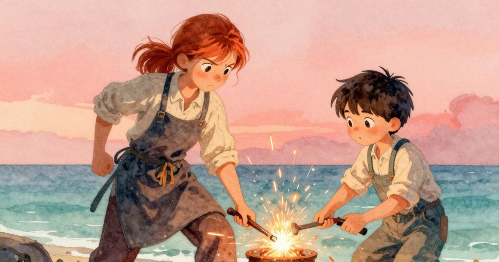 火花四射中，哈麗特專注調整槓桿，奧托在旁關切注視，工坊內緊張氣氛濃烈。