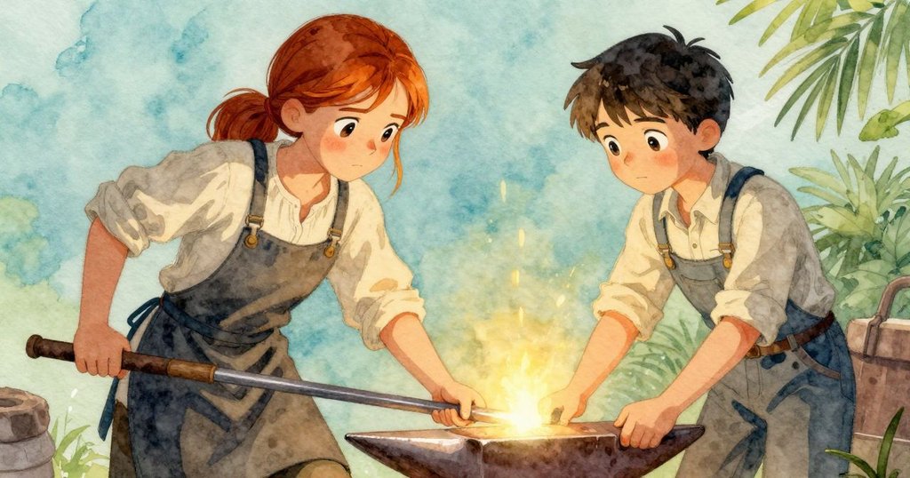 哈麗特輕柔地將發光鐵條放置於鐵砧上，奧托在背景中點頭示意，傳達完成後的平靜與滿足。