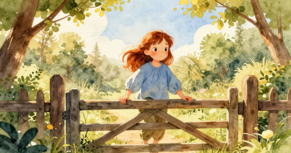 Nadine 穿過低矮木門進入山頂草地，周圍飛舞著小鳥與活躍植物，臉上充滿期待與喜悅