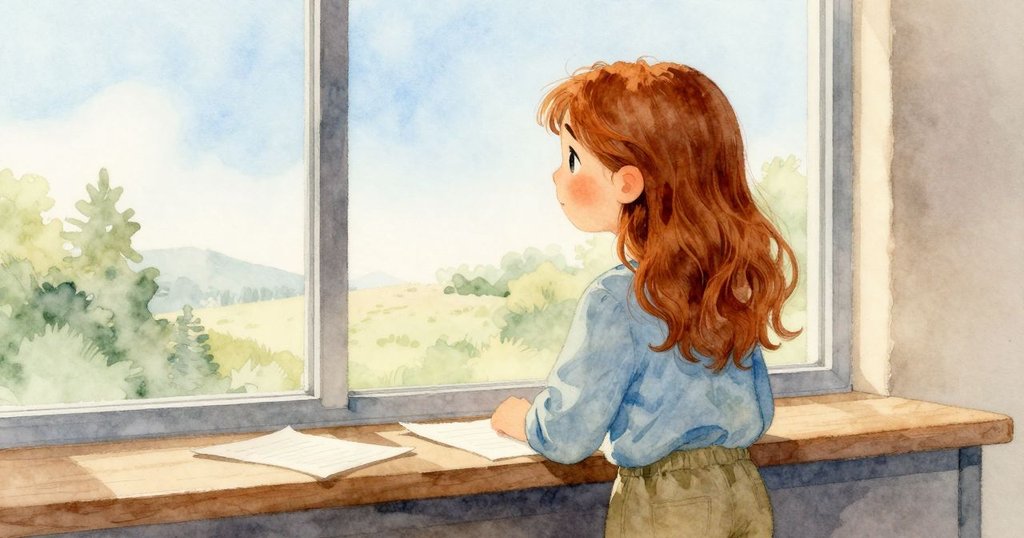 Nadine 站在辦公室大窗前，桌上散落著反饋文件，室內外光影交錯流露出沉思與轉變