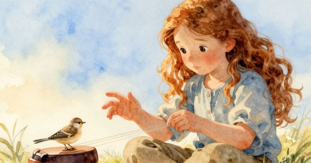 Nadine 神情專注，手指懸停於琴弦上，小鳥安坐琴邊，山坡間流露出微妙懸念的音韻