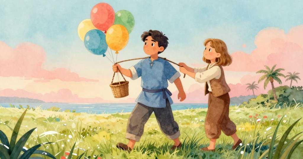 海斯在清晨的露珠草地上調整籃子，妮芙忙著準備物品，背景有發光的氣球和暖陽，充滿期待