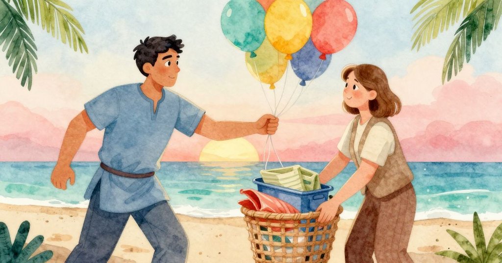 海斯在籃子內用沙袋固定畫布物品，妮芙協助調整，遠處漂浮柔和雲朵，展現高空動作