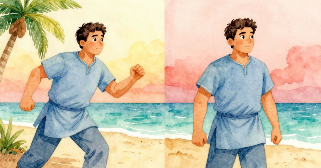 海斯在籃子內操作固定物品，同時回憶起草地準備場景，分屏畫面表現現實與記憶交錯