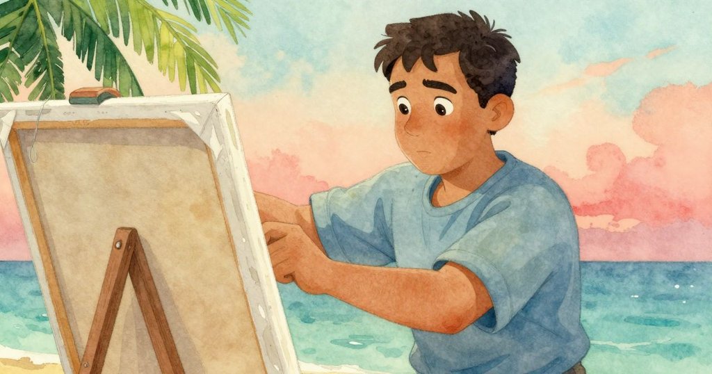 海斯蹲下仔細檢查拉繩，手輕扶畫布，呈現繩與金屬接觸細節，臉上流露出好奇與安心