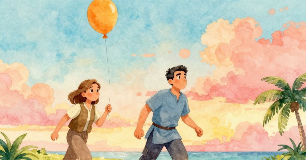 海斯與妮芙在籃子內互致點頭，熱氣球穩步升空，廣闊藍天展現未來冒險可能，場景明亮溫暖