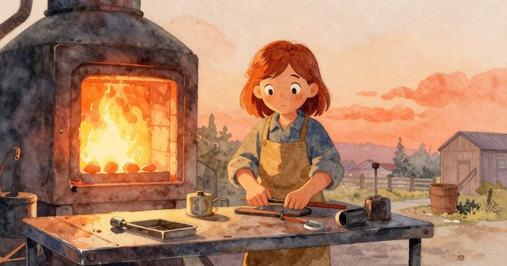 伊內茲在工房內認真檢查鏽斑工作台,燒爐光芒與晨光交織,神情堅定準備工作