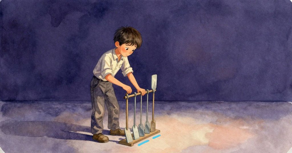 奧斯溫在工房角落中精心排列木槳,藍色粉筆標記明顯,環境寬敞,神情專注