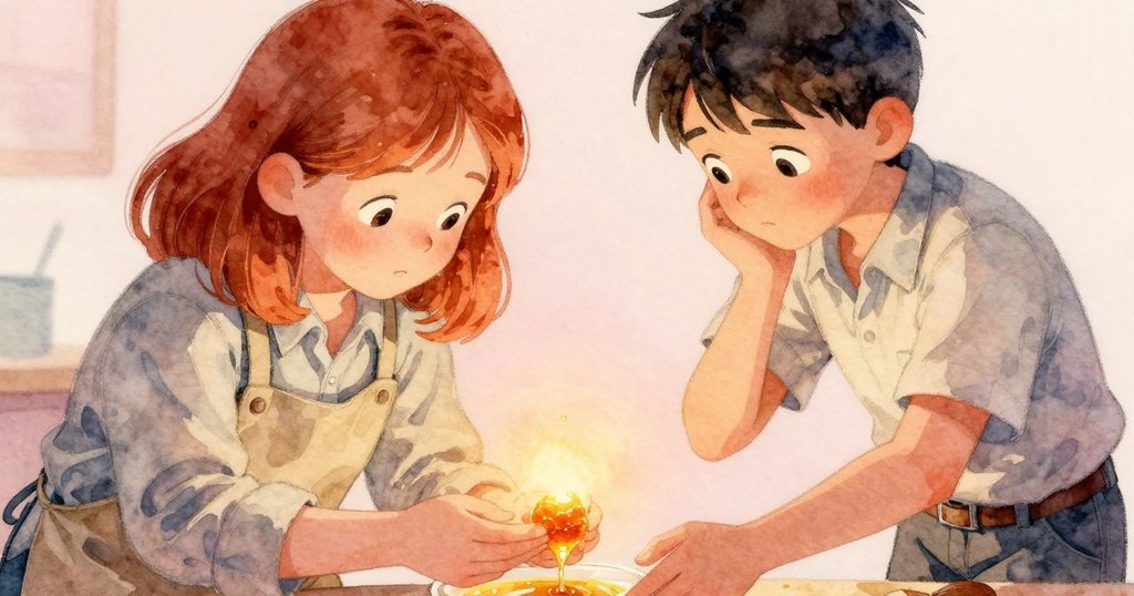 伊內茲以主觀視角展現雙手輕抱發光的蜂蜜球,細膩工作台背景中透出希望與專注