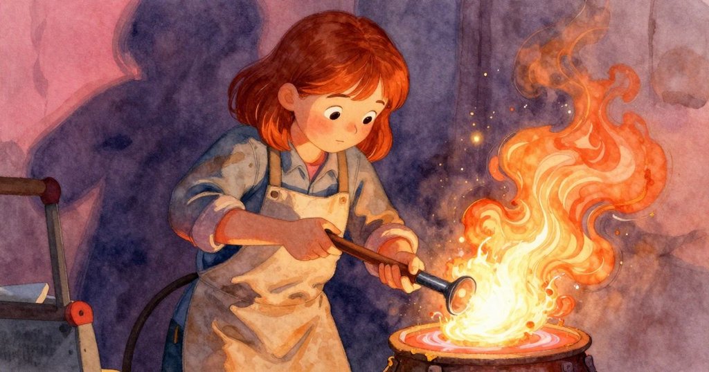 伊內茲專注調整吹管,熔球邊緣出現漩渦般光影變化,工房中光線動感交織,氣氛豐富