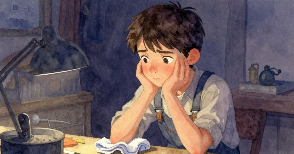 奧斯溫在鏽斑旁近距離猶豫,手握拭布,面露掙扎與沉思,工作台細節豐富