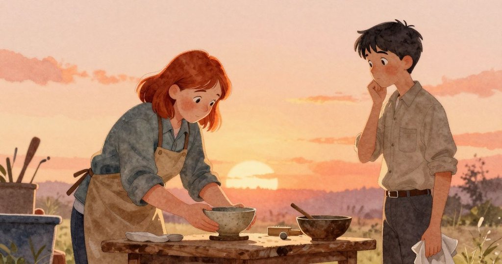 伊內茲在工房中將完成的碗輕放於木架上,奧斯溫持拭布靜觀,夕陽光灑下和諧溫暖,互相點頭示意