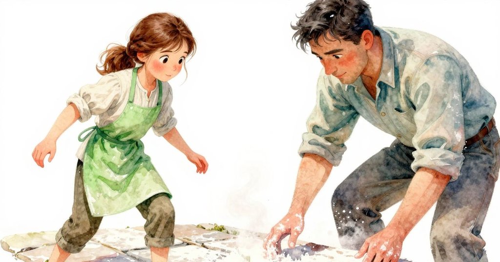 艾瑪的腳踩在灑滿麵粉的石板上, 細節展現濕潤足跡與塵埃旋渦, 氣氛寧靜且充滿故事感