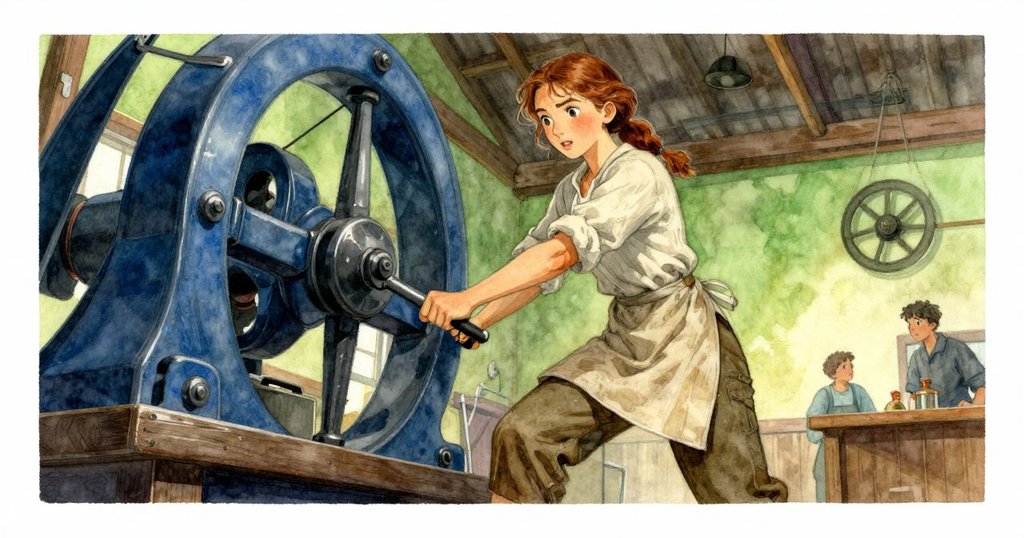 艾瑪從低角度仰視, 正用力舉起調節磨石的杠杆, 表情堅定, 背景呈現古舊磨坊的機械韻律