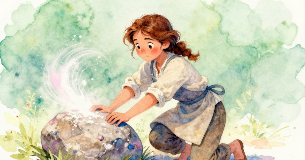 艾瑪蹲下檢查磨石, 手指輕觸石邊, 麵粉漩渦中展現細微氣流, 憶起往昔溫暖光芒