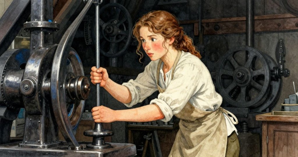 艾瑪面露猶豫, 輕觸調整杠桿上的鐵銷, 背景呈現略顯雜亂的磨坊機械與麵粉紛飛, 氣氛矛盾