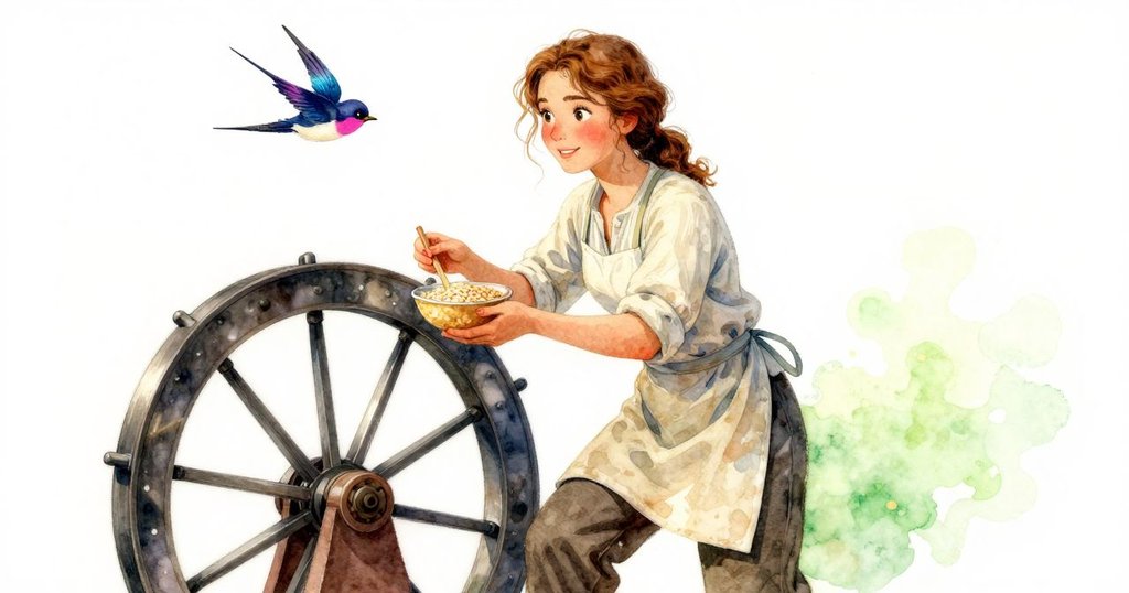 艾瑪溫柔微笑拿著暖穀物, 背後水輪緩轉, 燕子輕掠而過, 磨坊內外氛圍漸入平和與希望