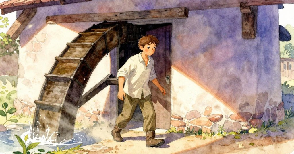 伊恩穿著工作服走進古老磨坊，透過破損橫梁灑落的陽光中，塵埃與燕子交織呈現神祕氣氛