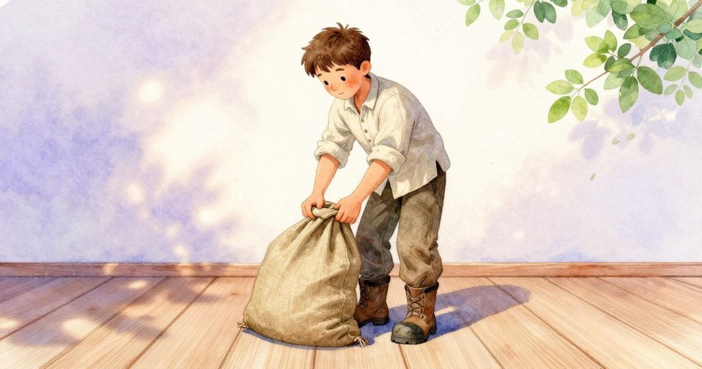 伊恩的靴子在老舊木地板上邁步，放下帆布袋，地面上的麵粉與塵埃隨步伐輕輕飛揚