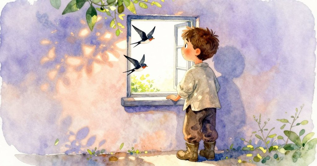 伊恩凝視著窗邊外飄飛的燕子，透過橫梁縫隙映出溫暖陽光，情緒充滿好奇與靜謐