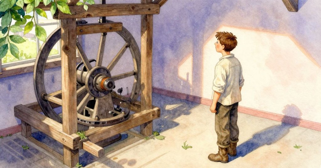 伊恩從高處俯瞰磨坊全景，仔細觀察兩張長凳、石磨和緩慢轉動的輪子，流露出專注之情