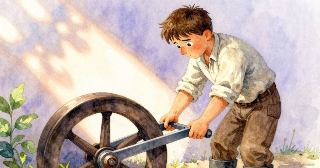 伊恩眉頭緊鎖調整操縱桿，轉輪不穩引起麵粉飛揚，現場充滿緊張氣氛與細膩光影