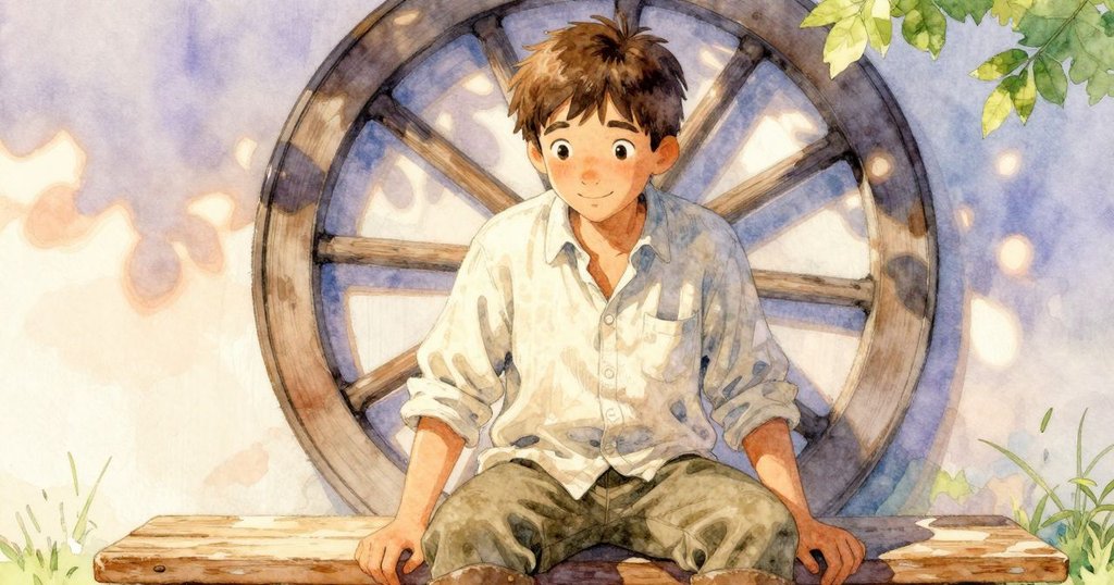 伊恩坐在木凳上輕拭麵粉，神情放鬆與平靜背景中水輪穩轉，營造出終章的溫暖氛圍