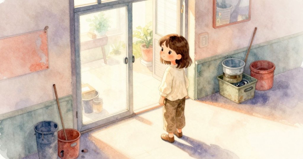 艾瑞絲在寧靜的清晨打開修理店，從鳥瞰角度看見窗戶、工具牆及溫暖柔和的陽光，充滿期待