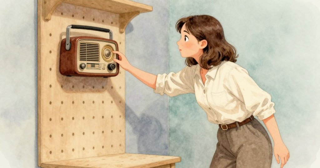 艾瑞絲彎身伸手觸摸老式收音機，目光鎖定空掛鉤，傾斜角度展現出內心的猶豫與關切