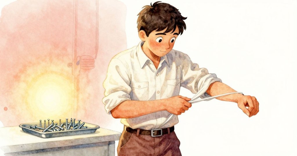 梅里特捲起袖子進入修理店，輕推螺絲盤於溫暖光線中，窗外霓虹微透，表現出信心與動作